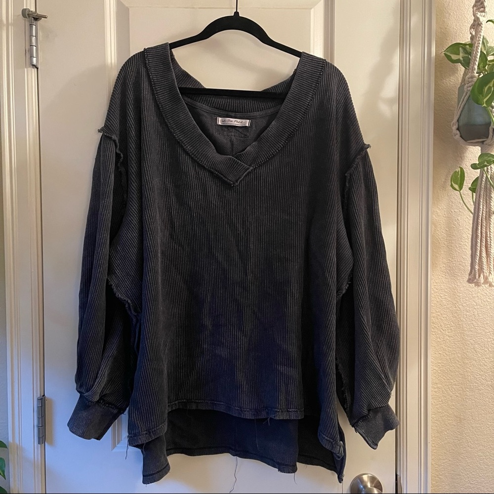 free people black ribbed asher thermal sweater top v-neck